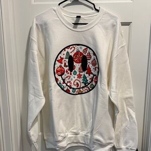 Gildan White Crewneck Sweatshirt with Red & Green Holiday Smiley